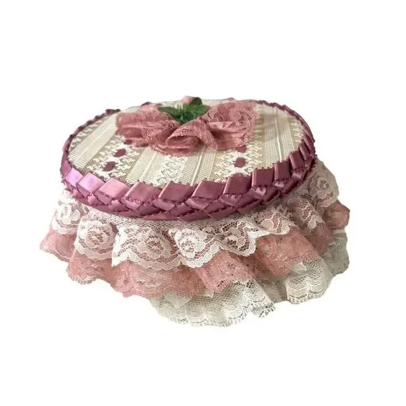 Victorian Handmade Lace Sewing Notions Trinket Box Jewelry VTG 8" Granny Core - Picture 7 of 12